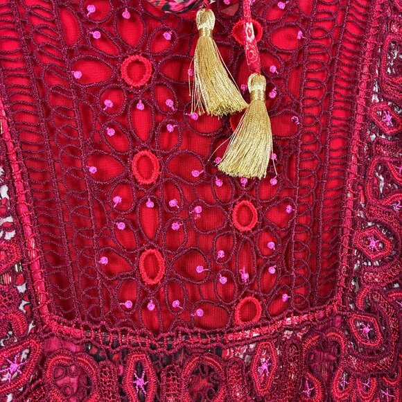 Ellie Tahari McKenna Sleeveless Floral Chiffon Silk Red Lace Metallic Stripe Sz - Picture 6 of 10